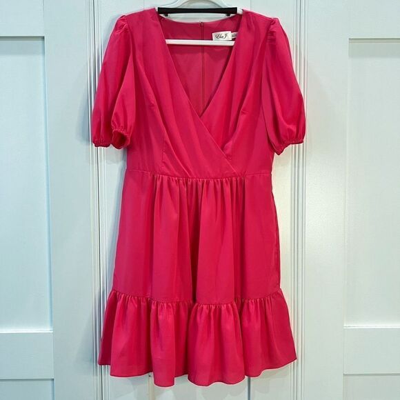 Eliza J Women 10 Hot Pink Surplice Neck Puff Sleeve Fit Flare Mini Dress Pockets - Picture 1 of 13